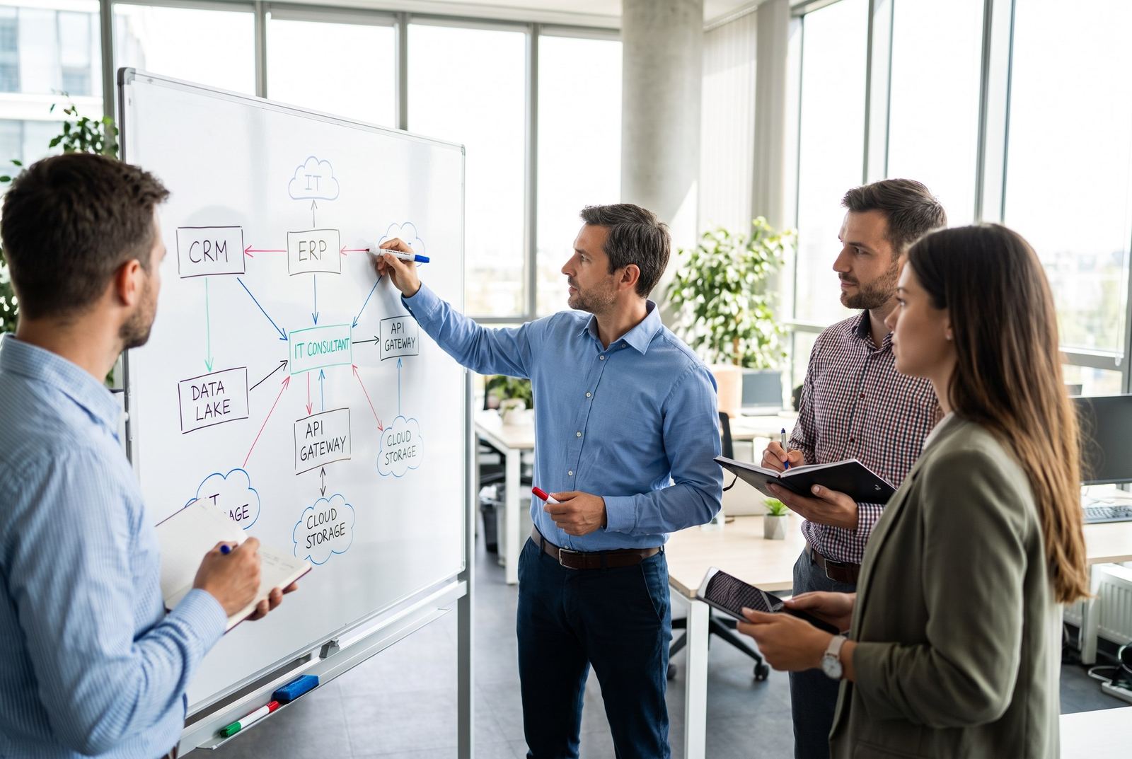 Un consultant IT modélisant l'urbanisation des flux de données sur tableau