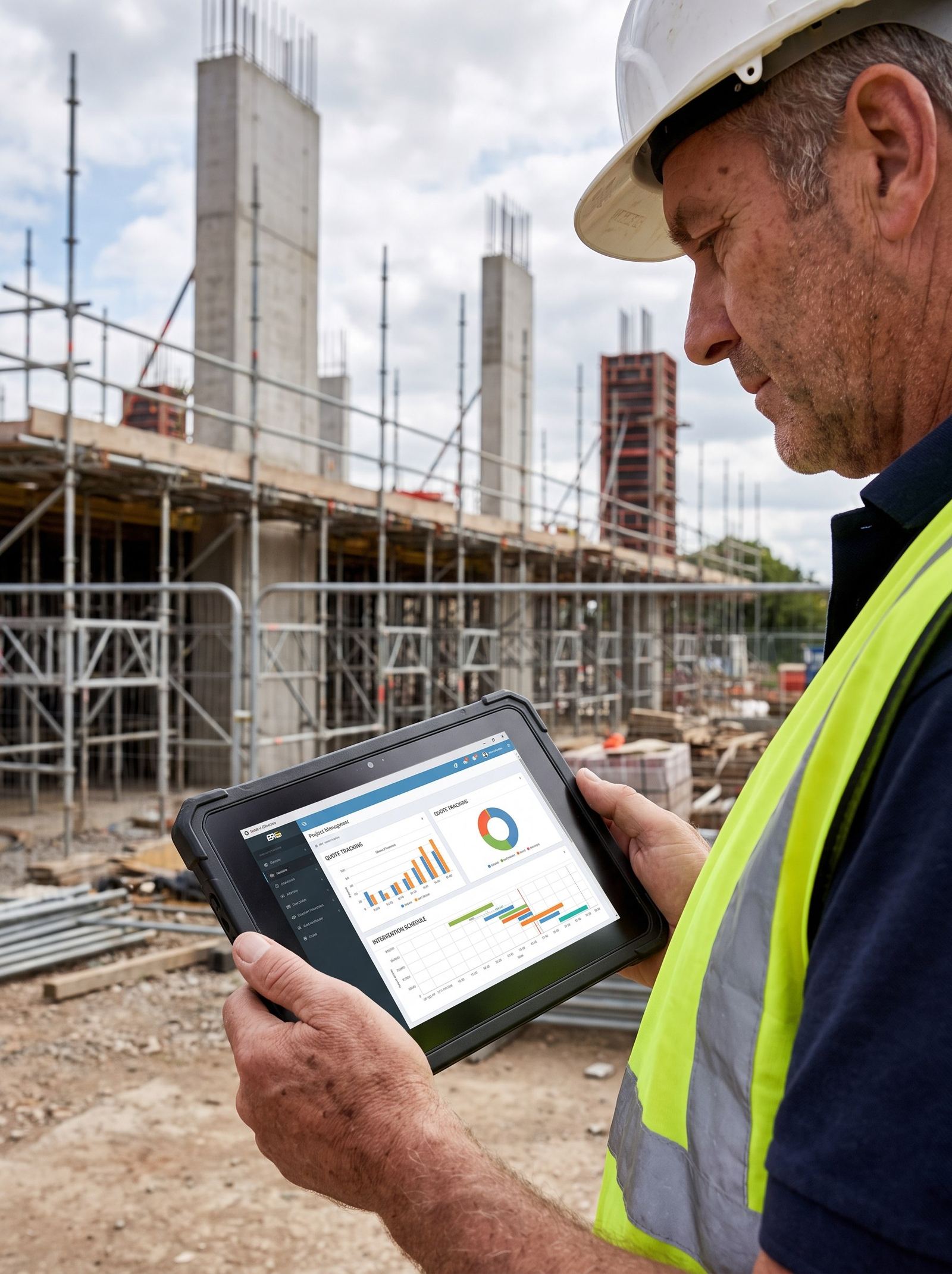 Tableau de bord affichant le suivi de devis de chantiers et d'interventions de réparation