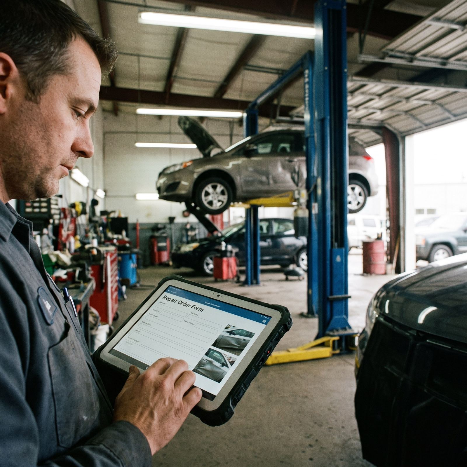 Un technicien en carrosserie utilisant l'application mobile pour saisir un sinistre