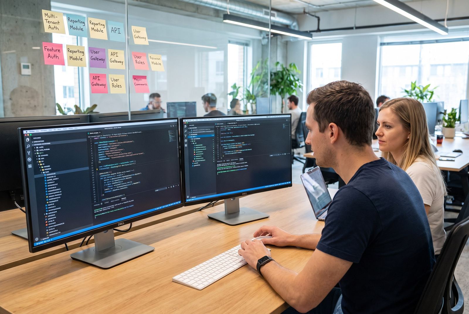 Équipe de développeurs concevant des modules logiciels de gestion multi-tenant